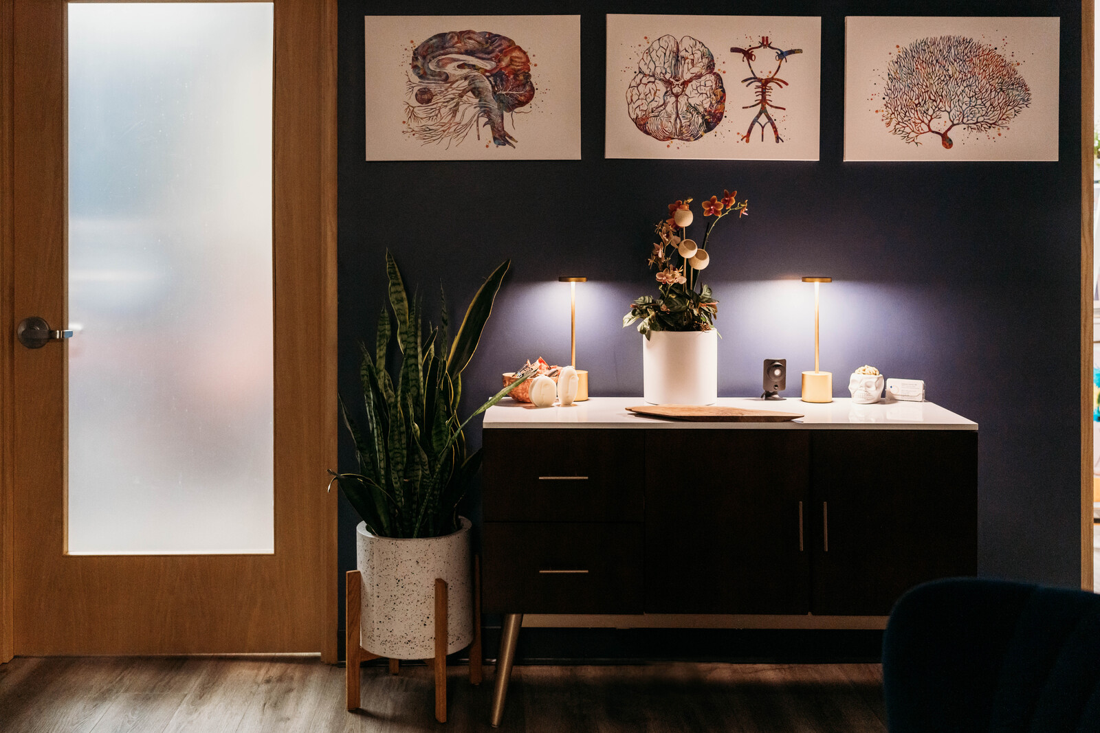 Calming office with neurological artwork